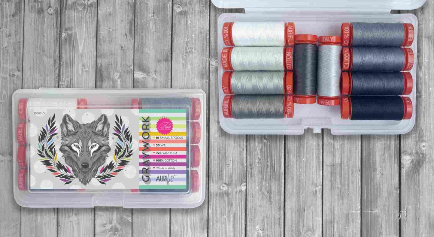 AURIfil Graywork by Tula Pink Stärke 50, 10 Farben auf 200m-Spulen