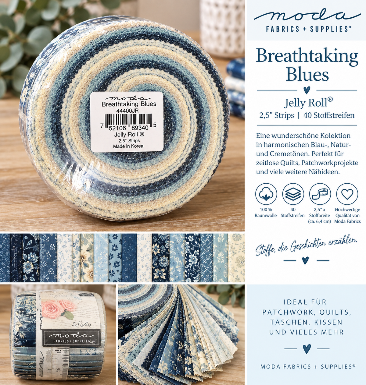 Moda Breathtaking Blues – Jelly Roll | 2,5" Patchwork-Stoffstreifen