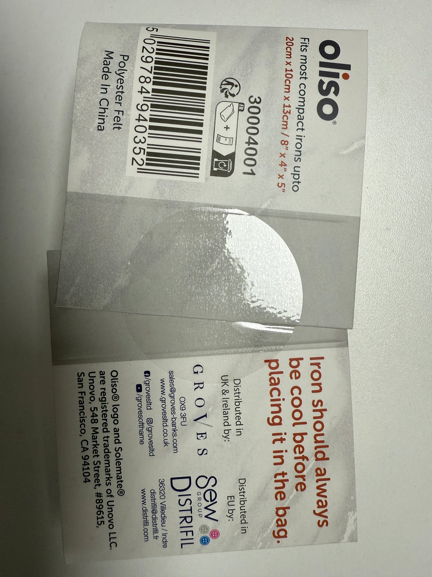 Hülle für oliso Mini Bügeleisen aus Polyester Filz grau von oliso
