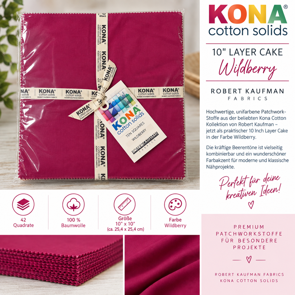 Kona Cotton Solids – 10" Layer Cake Wildberry | Robert Kaufman Fabrics