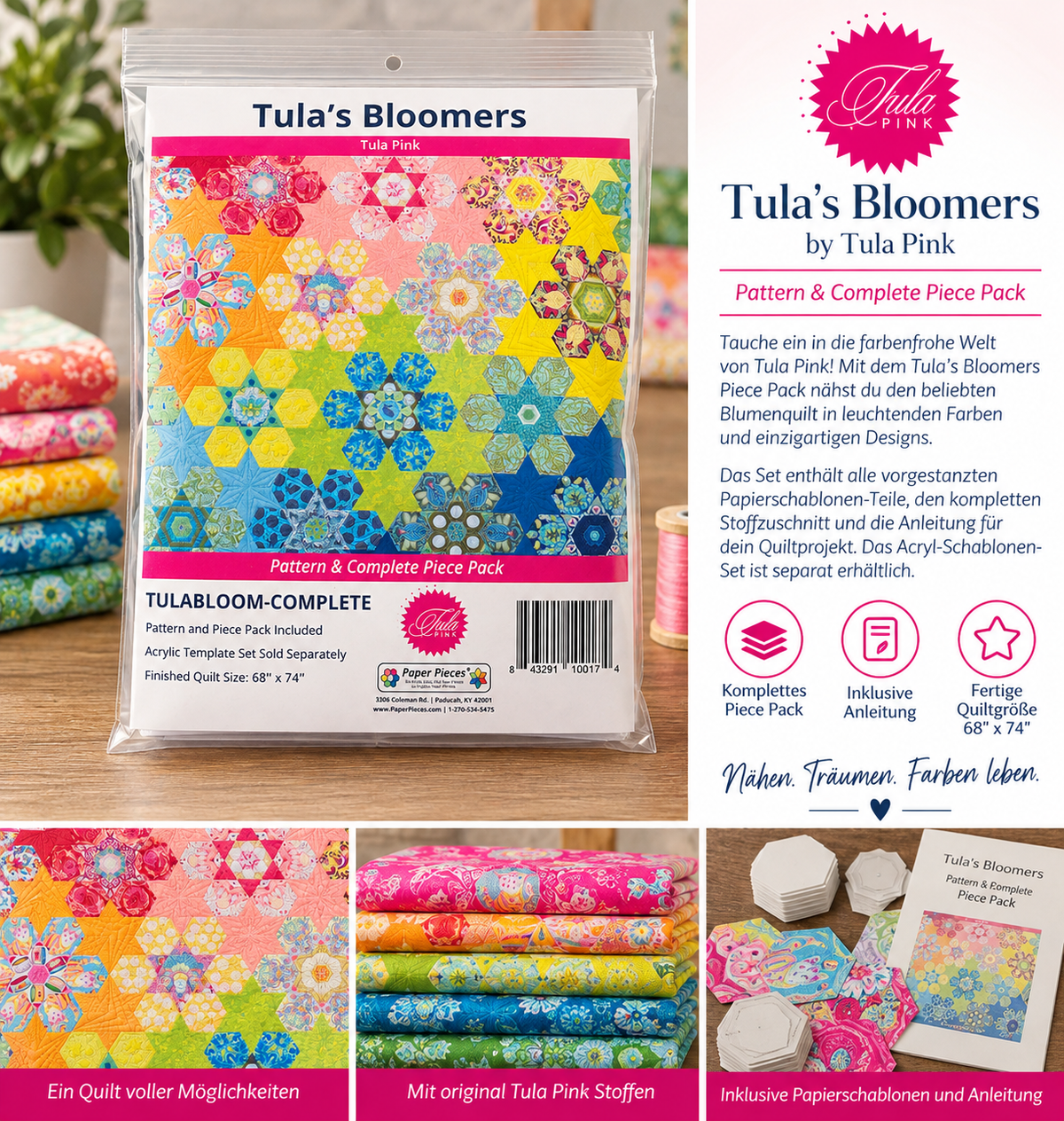 Tula’s Bloomers – Pattern  Complete Piece Pack | Tula Pink | Paper Pieces EPP