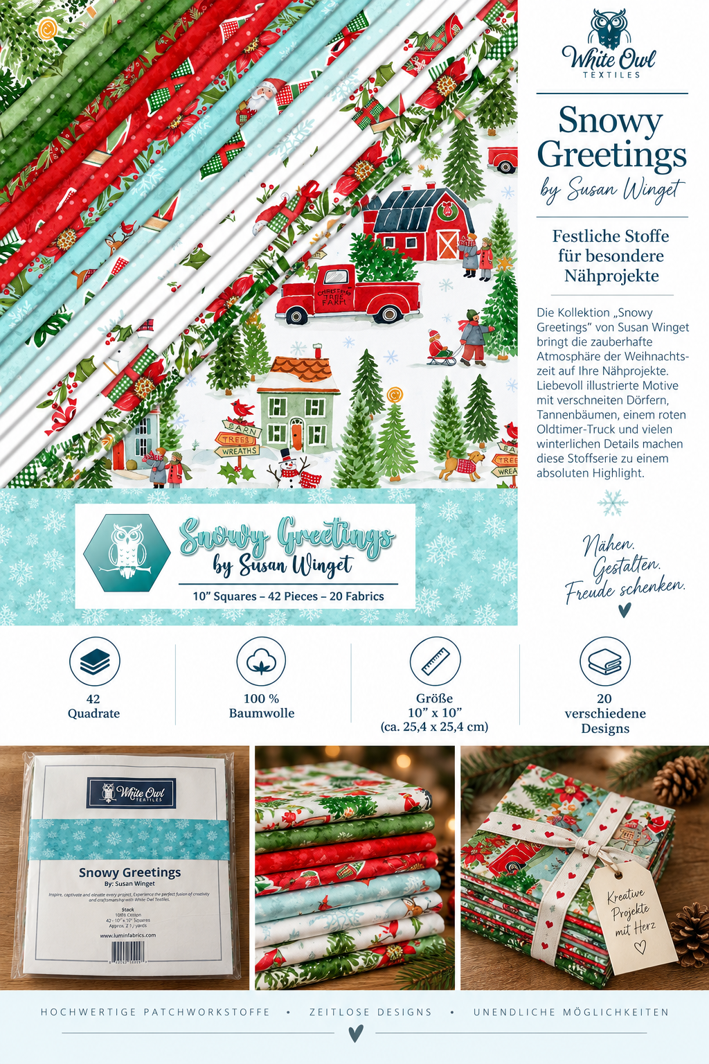Snowy Greetings – 10" Layer Cake | Susan Winget | White Owl Textiles