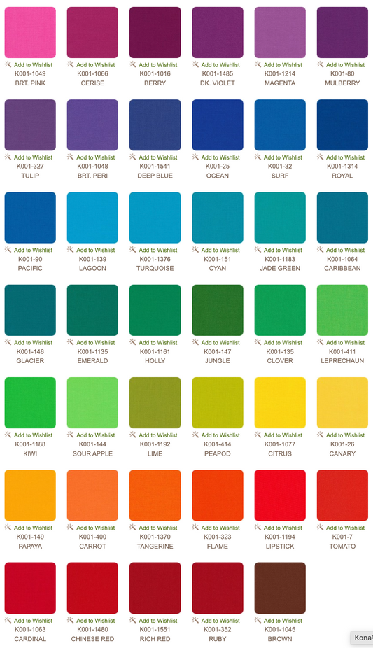 KONA COTTON, CHARM SQUARES 5 x 5 Inch (41 teilig) - Classic palette