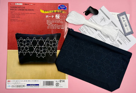 Set für Tasche mit Sashiko-Stickerei schwar Baumwolle mit weißem Garn, Anleitung