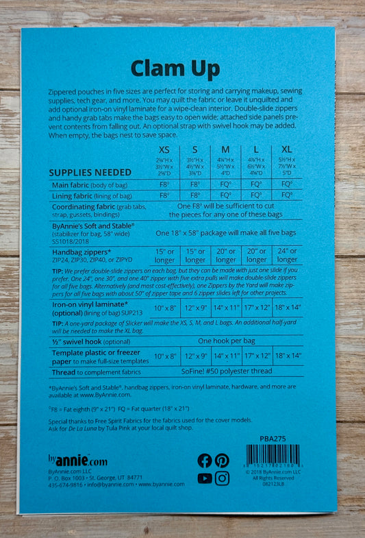 Schnittmuster "Clam Up" Zippered Pouch Täschchen 5 Größen by Annie