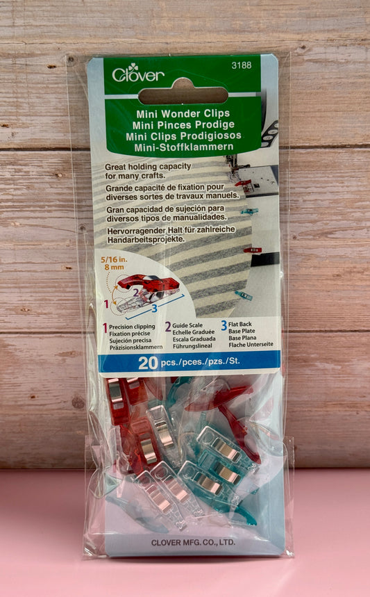 Clover Mini Stoffklammern 20er Pack, rot/türkis mit Markierungen für Nahtzugaben