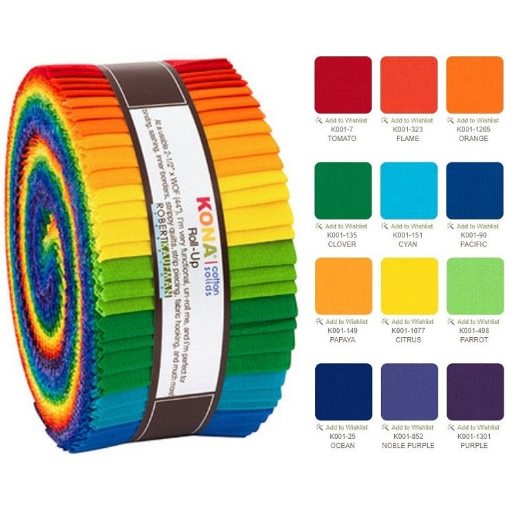 Kona Cotton Jelly Roll „Bright Rainbow“ 40 Streifen a 2,5 Inch Breite