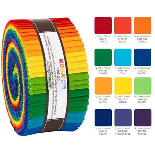 Kona Cotton Jelly Roll „Bright Rainbow“ 40 Streifen a 2,5 Inch Breite