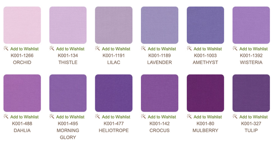 KONA COTTON, CHARM SQUARES 5 x 5 Inch (42 teilig) - Lavender Fields Palette